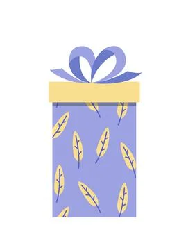 Gift box with leaves. Blue present box with yellow leaves and blue bow. Flat Stock Illustration