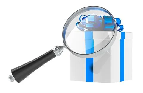 Gift box with loupe. Gift search concept. 3D rendering Stock Illustration