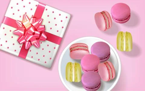 Gift box macaroons realistic Vector. Banner template layout 3d illustration.  Illustrazione stock