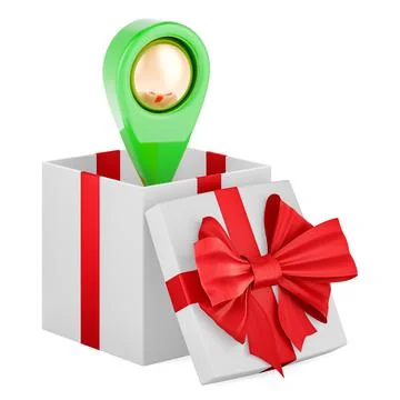 Gift box with map pointer. 3D rendering Illustrazione stock