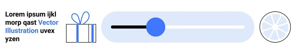 Gift box next to text, slider with movable blue circle, rotating loading icon Stock Illustration