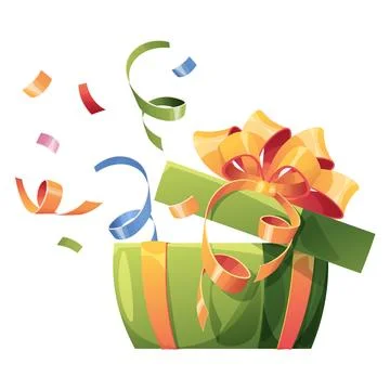 Gift box with an open lid and serpentine on a white background. Make a wish I Stock Illustration