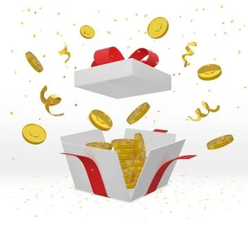 Gift box. Open present. Money prize. 3D gold cash or award winner package. Big Stock Illustration
