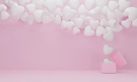 Gift box open white balloon heart float on pink background, Symbols of love f Stock Illustration