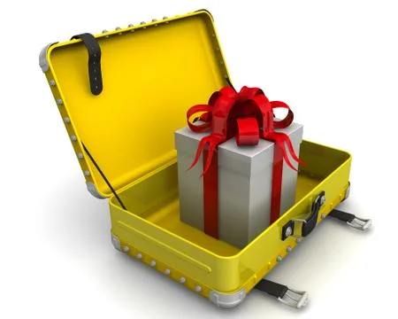 Gift box in open yellow suitcase 스톡 일러스트
