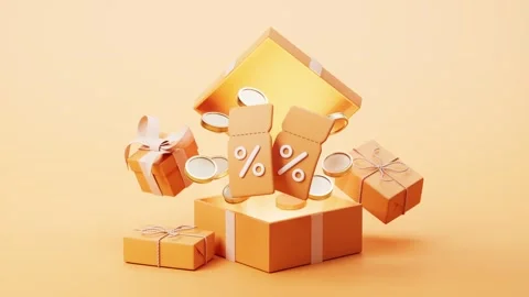 Gift box opening with discount coupons and coins flying out, celebrating sp.. Stock Footage 332391915