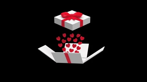 The gift box opens and red hearts appear in 3D animation. Видео 337179344