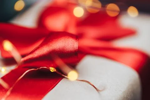 Gift box or present and haliday lights for christmas Stock Photos