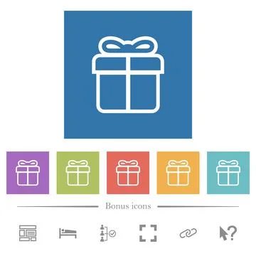 Gift box outline flat white icons in square backgrounds Stock Illustration