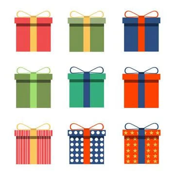 Gift box, packaging box, set of colorful gift boxes. Vector, cartoon Stock Illustration