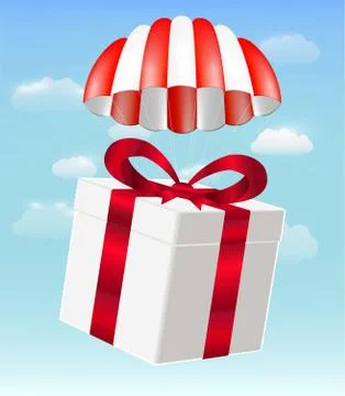 Gift box with parachute on sky background Stock Illustration
