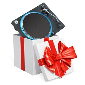 Gift box with Phonograph Turntable, 3D rendering Stock Illustration