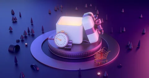The gift box is on the podium and there is a shopping cart circling around. Stock Footage 134251490