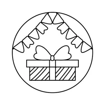 Gift box present in frame circular with garlands hanging Stock Illustration
