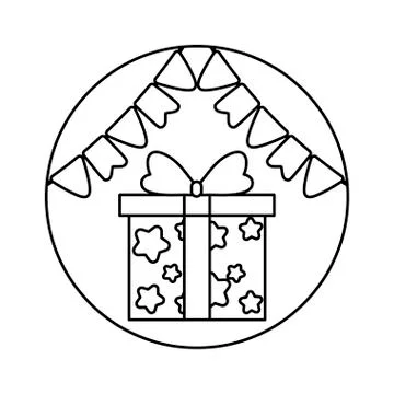 Gift box present in frame circular with garlands hanging Illustration