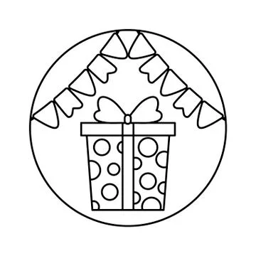 Gift box present in frame circular with garlands hanging Stock Illustration