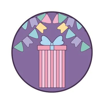 Gift box present in frame circular with garlands hanging Stock Illustration