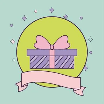 Gift box present in frame circular with ribbon Stock Illustration