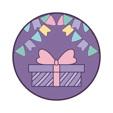 Gift box present in frame circular with garlands hanging Stock Illustration