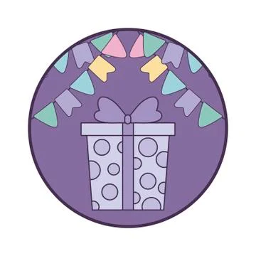 Gift box present in frame circular with garlands hanging Stock Illustration