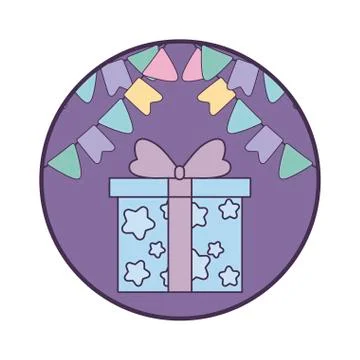 Gift box present in frame circular with garlands hanging Illustration