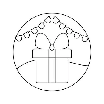 Gift box present with garlands in frame circular Stock Illustration