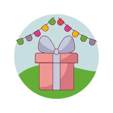 Gift box present with garlands in frame circular Stock Illustration