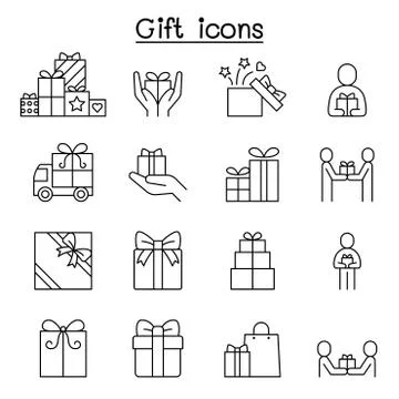Gift box , Present icon set in thin line style Stock Illustration