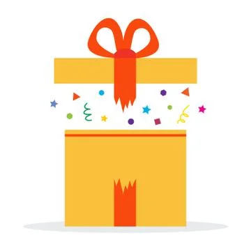 Gift Box Present in Opened Yellow Box With Red Ribbon Vector Illustration Stock Illustration