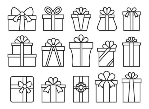 Gift box present package parcel line icon set Stock Illustration