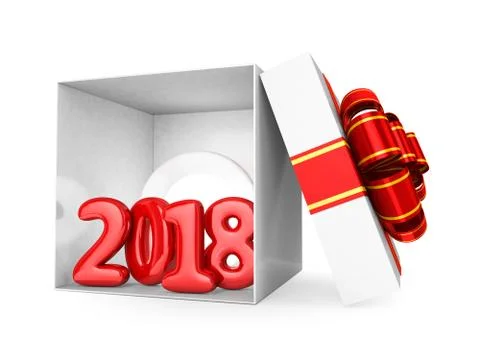 Gift box present with red ribbon bow and With inflatable figures 2018. 3D ren Stock Illustration