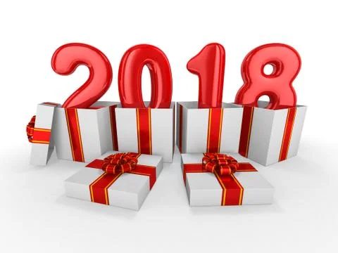 Gift box present with red ribbon bow and With inflatable figures 2018. 3D ren Stock Illustration