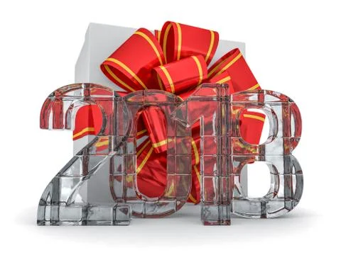 Gift box present with ribbon bow and With ice figures 2018. Stock Illustration