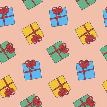 Gift box with present tied with ribbon, seamless pattern hand drawing Stock Illustration