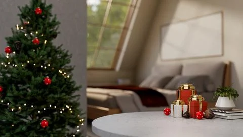 Gift box presents on round marble table aside Christmas tree in attic bedro.. Stock Illustration