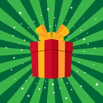 Gift box prize received vector isolated on green sunburst background, happy.. Stock Illustration