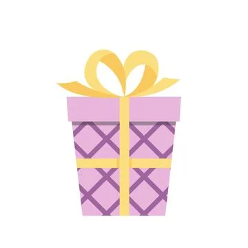 Gift box. Purple checkered present box with yellow bow. Flat, cartoon, vector Stock Illustration