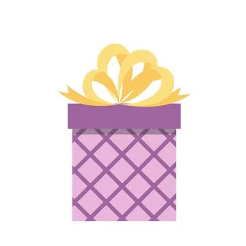 Gift box. Purple checkered present box with yellow bow. Flat, cartoon, vector Stock Illustration