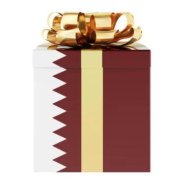 Gift box with Qatari flag. Holiday in Qatar, concept. 3D rendering Stock Illustration