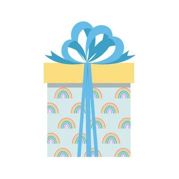 Gift box with rainbows. Blue present box with rainbows and big blue bow. Flat Stock Illustration