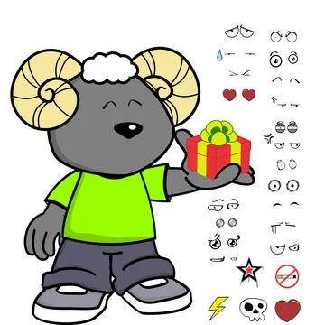 Gift box ram young kid character cartoon kawaii expressions set pack Stock Illustration