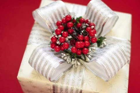 Gift box on a red background. The atmosphere of Christmas and New Year Stock Photos