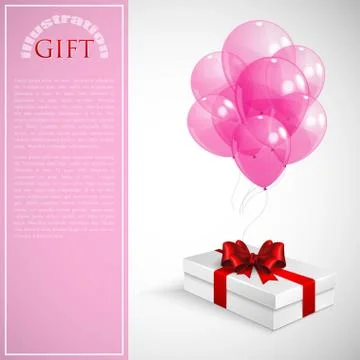 Gift box with red bow and bunch of pink transparent balloons Stock Illustration