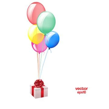 Gift box , red bow ,balloons on a white background.Vector Stock Illustration