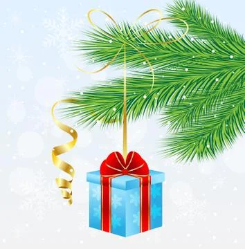 Gift box with a red bow hangs on the branch of christmas tree Stock Illustration