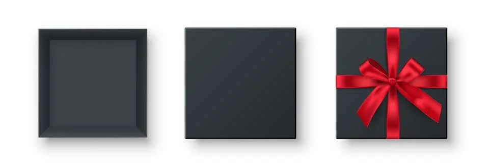 Gift box with red bow set. Blank black open and closed present packaging with 스톡 일러스트