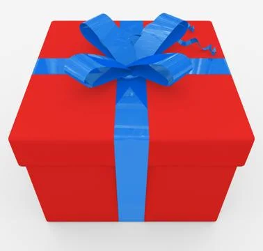 Gift box - red box, blue ribbon - isolated on white Stock Illustration