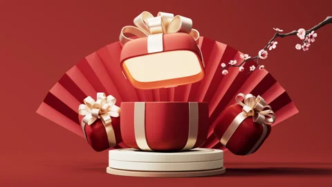 Gift box with red Chinese ancient fan background, 3d rendering. 動画素材 276429461