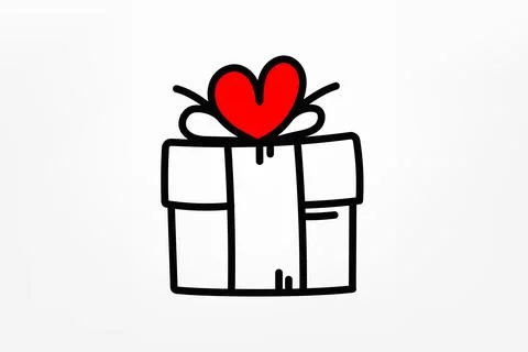 Gift box with red heart. Vector doodle illustration Stock Illustration