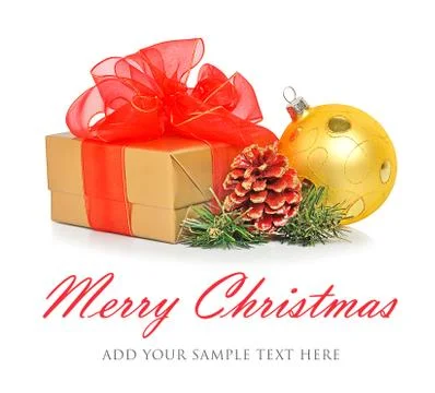 Gift box with red mesh bow, christmas baubles and cone Stock Illustration